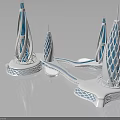 Modern Sculptural Tower Design With White Blue Lattice Structures And Connecting Bridges