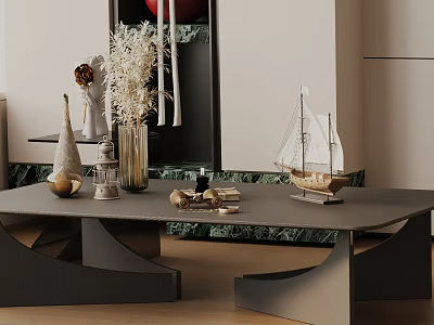 Elegant Modern Sofa Coffee Table Set With Decorative Vases Sailboat Model And Ornaments 3d model
