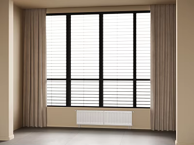 Beige Curtains By Window With Blinds In Light Colored Room With Gray Floor 3d model