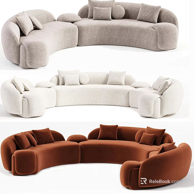 Curved Sectional Sofa in Gray Beige Brown with Soft Upholstery and Plush Cushions 3d model 