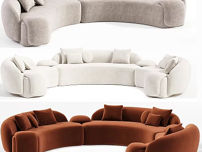 Curved Sectional Sofa in Gray Beige Brown with Soft Upholstery and Plush Cushions 3d model