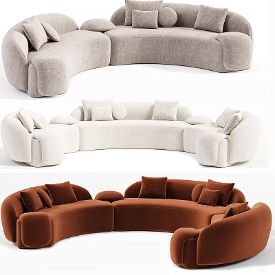 Curved Sectional Sofa in Gray Beige Brown with Soft Upholstery and Plush Cushions 3d model