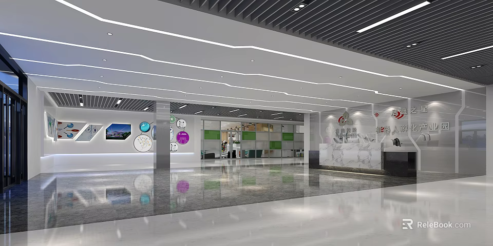 Modern Lobby Reception Desk Design With Shiny Floor Green White Panels And Recessed Lighting 3d model 