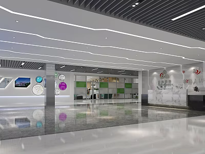 Modern Lobby Reception Desk Design With Shiny Floor Green White Panels And Recessed Lighting 3d model