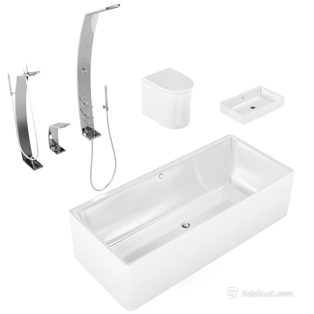 Modern Bathroom Suite with Bathtub Toilet Sink and Shower System Fixtures 3d model 