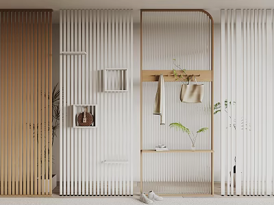 Contemporary Slatted Room Dividers With Wooden And White Panels And Shelves Holding Plants And Decor 3d model