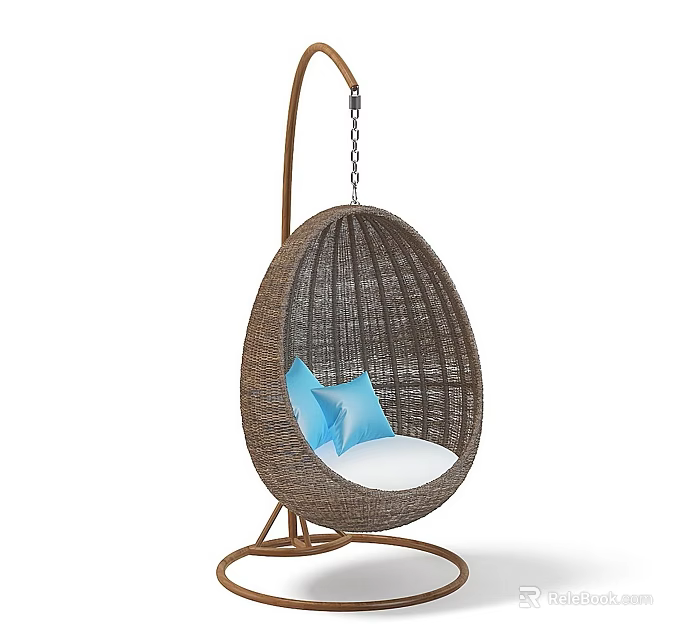 Egg Shaped Rattan Hanging Chair with Brown Frame White Cushion and Blue Pillow for Relaxation 3d model 