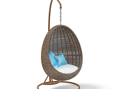 Egg Shaped Rattan Hanging Chair with Brown Frame White Cushion and Blue Pillow for Relaxation 3d model