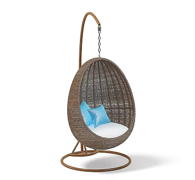 Egg Shaped Rattan Hanging Chair with Brown Frame White Cushion and Blue Pillow for Relaxation 3d model