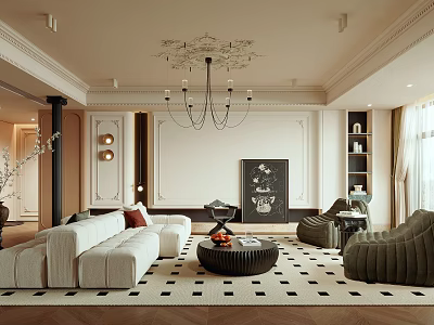 Elegant Classic Living Room Interior With White Sofa Vintage Chandelier Black White Rug And Artwork 3d model