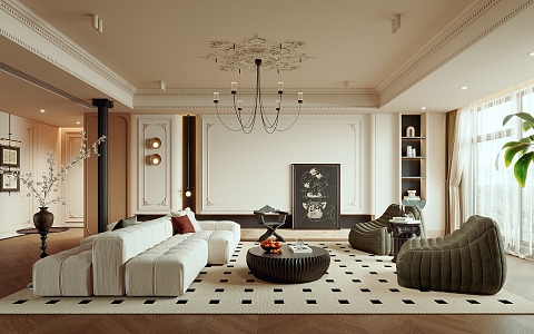 French Style Living Room Vintage Living Room Sofa Coffee Table Combination Double-Sided Sofa Casual Sofa Chandelier 3d model