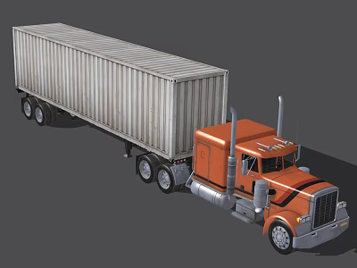 Orange Utility Truck With Large Container Trailer For Heavy Duty Transport 3d model