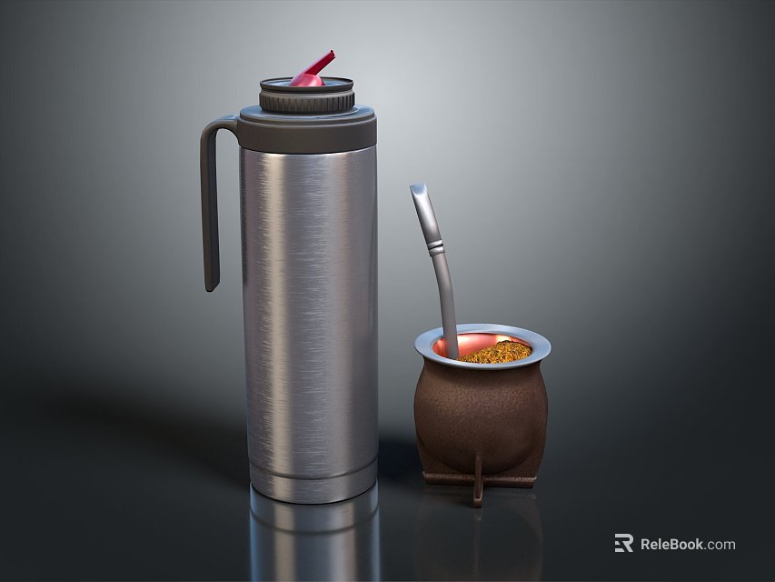 Stainless Steel Thermos Flask And Brown Mate Cup With Straw And Liquid Inside 3d model 