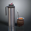Stainless Steel Thermos Flask And Brown Mate Cup With Straw And Liquid Inside