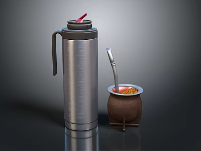 Stainless Steel Thermos Flask And Brown Mate Cup With Straw And Liquid Inside 3d model