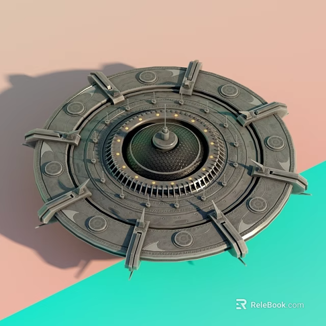 Circular Metallic Mechanical Device With Gears Bolts And Dome On Pastel Background 3d model 