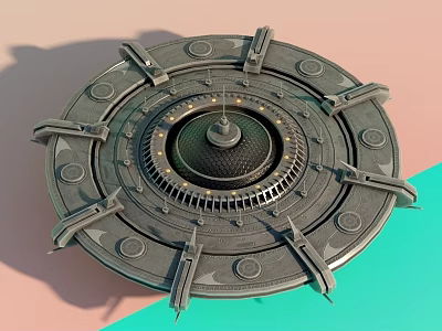 Circular Metallic Mechanical Device With Gears Bolts And Dome On Pastel Background 3d model