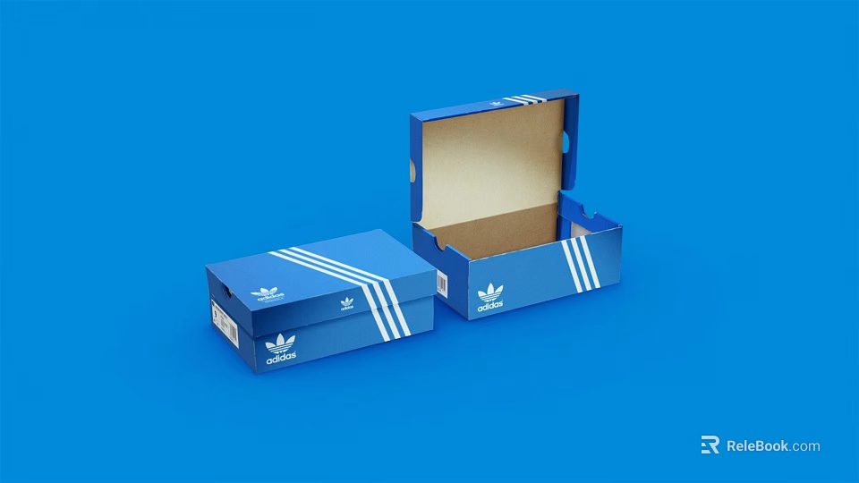 Blue Adidas Shoe Boxes With White Stripes Open And Closed On Blue Background 3d model 