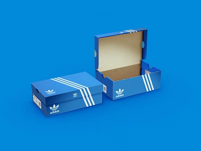 Blue Adidas Shoe Boxes With White Stripes Open And Closed On Blue Background 3d model