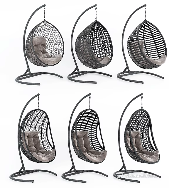 Stylish Hanging Chairs With Woven Design And Cushions 3d model 