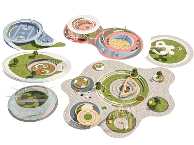 Creative Park Landscape Design With Circular Lawn Areas And Winding Decorative Paths 3d model