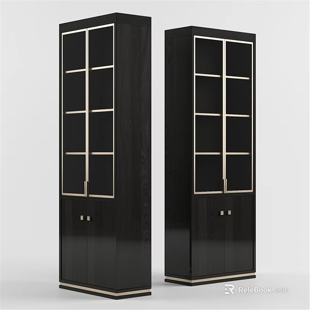 Elegant Modern Cabinet Design With Black Finish Gold Trim And Glass Doors 3d model 