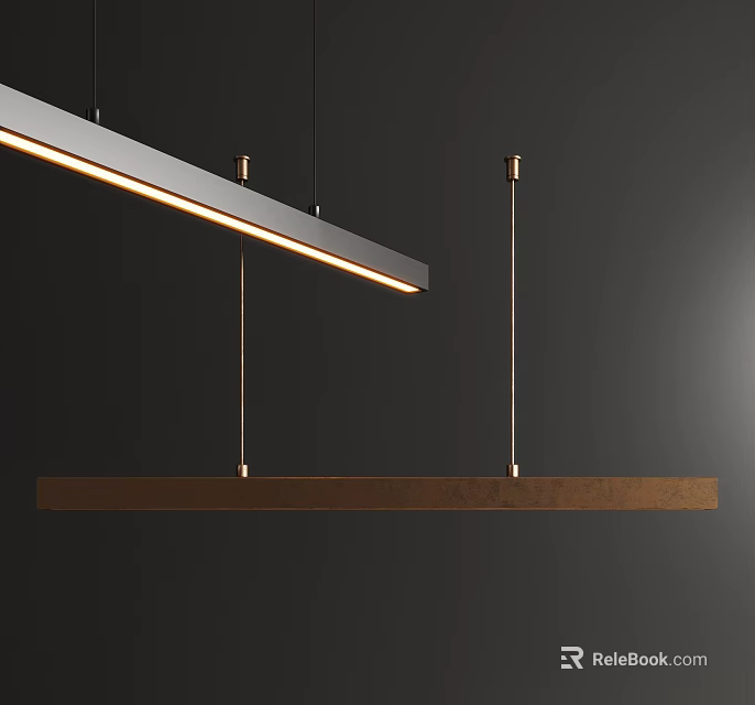 Modern Long Pendant Light With Metal Structure And Wooden Panel In Dark Setting 3d model 
