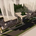 Illuminated Modern Commercial Street With Glass Facades Tall Buildings Greenery And Pedestrians
