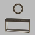 Elegant Modern Dining Table With Wooden Surface Gold Legs And Decorative Mirror