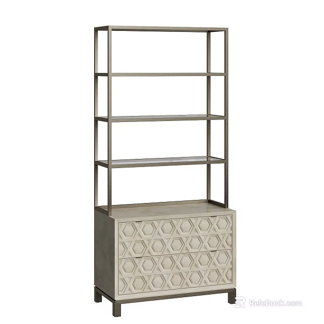 Modern Decorative Cabinet With Metal Frame Glass Shelves And Hexagonal Pattern Drawers 3d model 