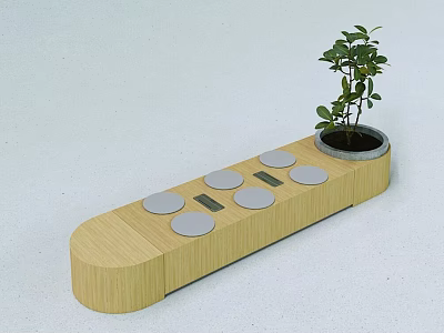 Modern Wooden Public Bench With Circular Seats And Side Planter For Small Plant 3d model
