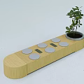 Modern Wooden Public Bench With Circular Seats And Side Planter For Small Plant
