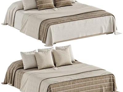 Cozy Double Bed With Neutral Toned Linen Bedding Striped Plaid Patterns And Pillows 3d model