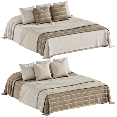Cozy Double Bed With Neutral Toned Linen Bedding Striped Plaid Patterns And Pillows 3d model