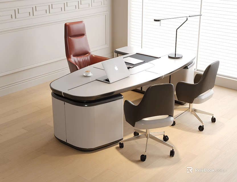 Modern Office Desk With Laptop Desk Lamp Red And Gray Chairs Near Window 3d model 
