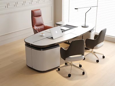 Modern Office Desk With Laptop Desk Lamp Red And Gray Chairs Near Window 3d model