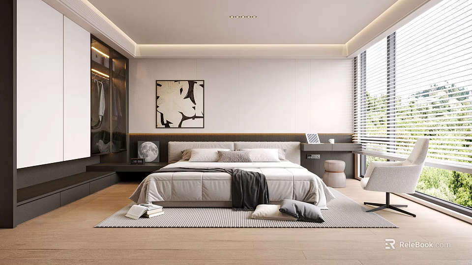 Modern Bedroom Interior With Large Bed Abstract Painting Above Headboard Open Wardrobe And Natural Light 3d model 