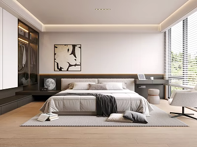 Modern Bedroom Interior With Large Bed Abstract Painting Above Headboard Open Wardrobe And Natural Light 3d model