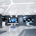 Futuristic Tech Exhibition Hall With Multimedia Screens And Data Visualization Features