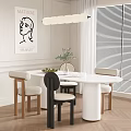 White Round Dining Table Set With Beige Black Chairs Green Plants And Chandelier