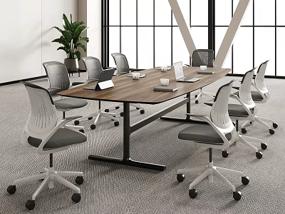 Modern Conference Table With Office Chairs Laptops And Green Plant In Bright Office Setting 3d model