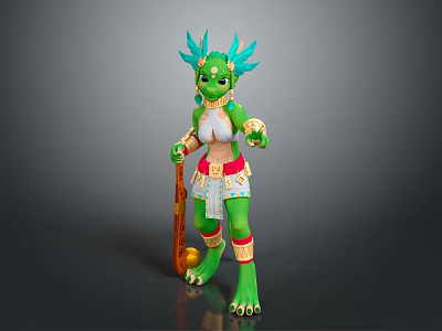 Anthropomorphic Green Creature Character With Blue Feathered Headdress Holding Staff In Ornamental Outfit 3d model