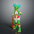 Anthropomorphic Green Creature Character With Blue Feathered Headdress Holding Staff In Ornamental Outfit