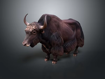 Dark Brown Yak With Long Horns And Thick Fur Standing On Dark Background 3d model