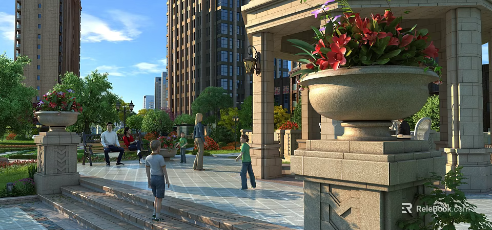 Residential Landscape Featuring High Rise Buildings Plaza People Activities Greenery And Stone Architecture 3d model 