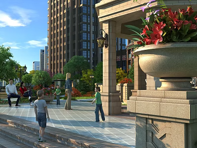 Residential Landscape Featuring High Rise Buildings Plaza People Activities Greenery And Stone Architecture 3d model