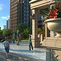 Residential Landscape Featuring High Rise Buildings Plaza People Activities Greenery And Stone Architecture
