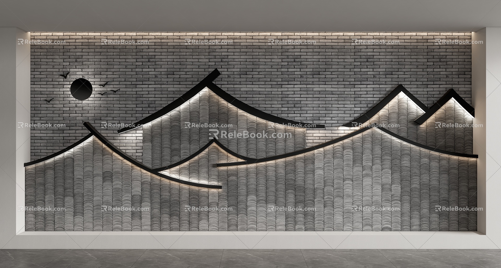 New Chinese style landscape wall Huizhou tile background wall partition 3d model