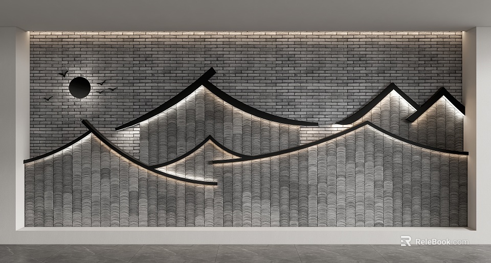 Contemporary Feature Wall With Gray Brick Wavy Outlines Circular Element Lighting And Bird Silhouettes 3d model 