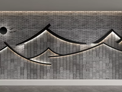 Contemporary Feature Wall With Gray Brick Wavy Outlines Circular Element Lighting And Bird Silhouettes 3d model